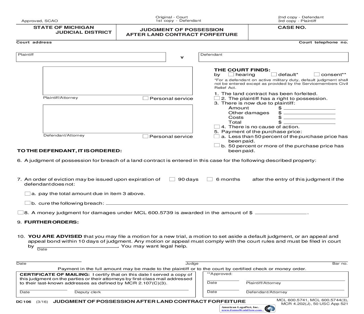 Judgment Of Possession After Land Contract Forfeiture {DC 106} | Pdf Fpdf Doc Docx | Michigan