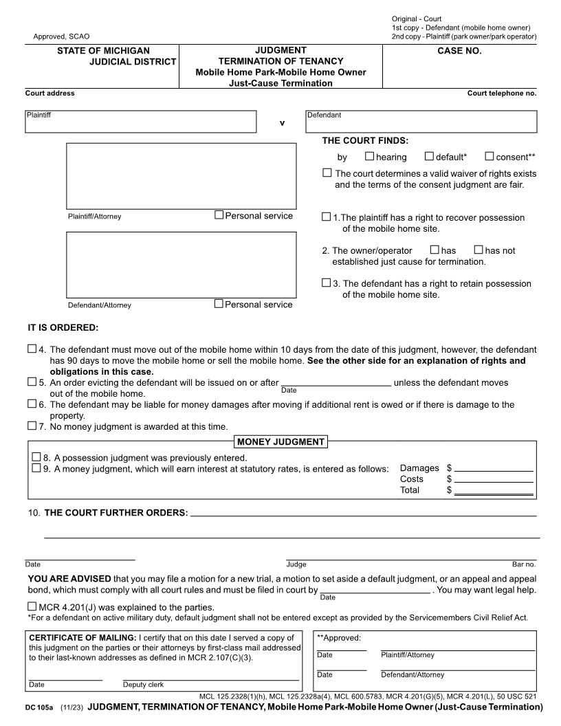 Judgment Termination Of Tenancy Mobile Home Park Mobile Home Owner Just Cause Termination {DC 105a} | Pdf Fpdf Doc Docx | Michigan