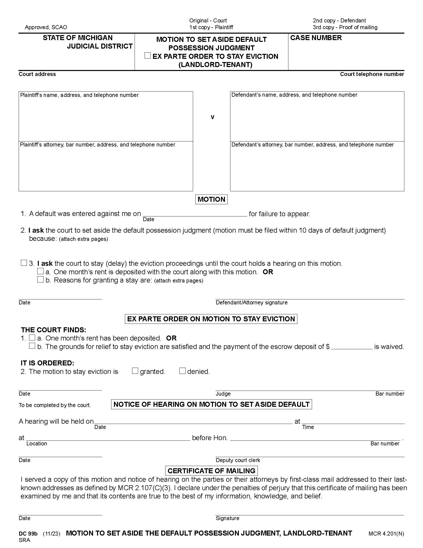 Motion To Set Aside Default Possession Judgment {DC 99b} | Pdf Fpdf Docx | Michigan