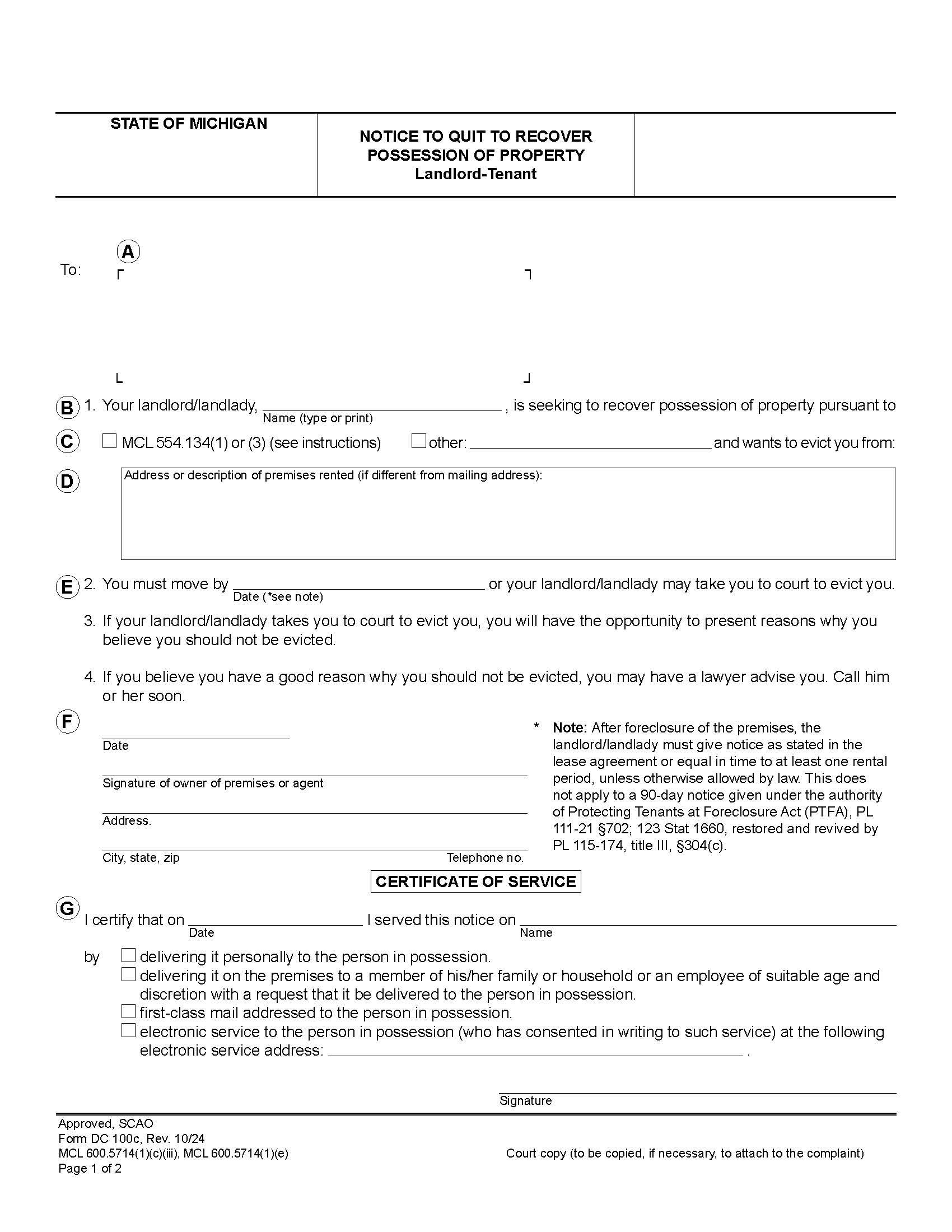 Notice To Quit Termination Of Tenancy Landlord Tenant {DC 100c} | Pdf Fpdf Doc Docx | Michigan