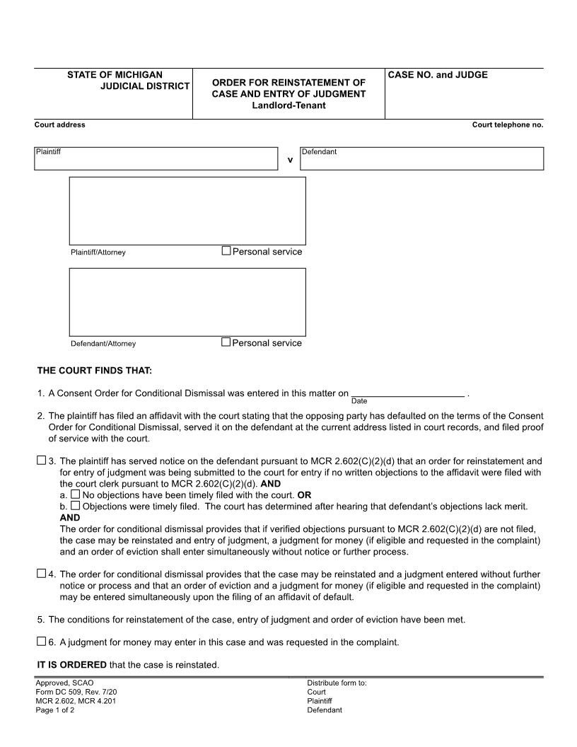 Order For Reinstatement Of Case Landlord Tenant {DC 509} | Pdf Fpdf Docx | Michigan
