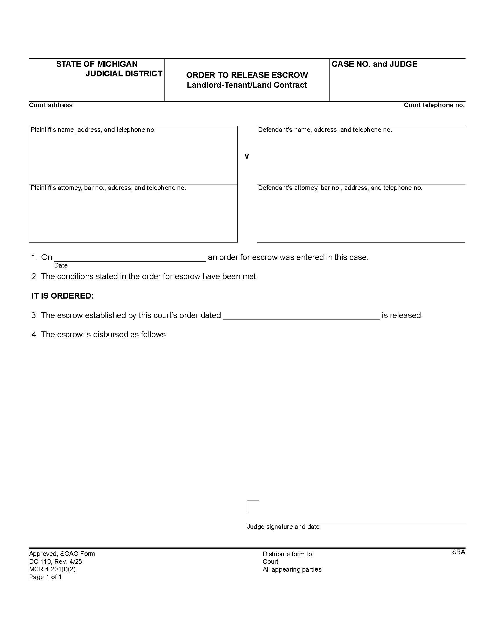 Order To Release Escrow {DC 110} | Pdf Fpdf Doc Docx | Michigan