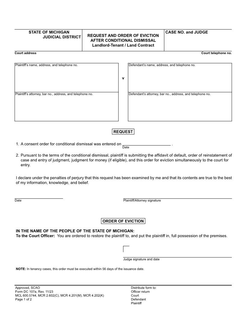 Request And Order Of Eviction After Conditional Dismissal {DC 107a} | Pdf Fpdf Docx | Michigan