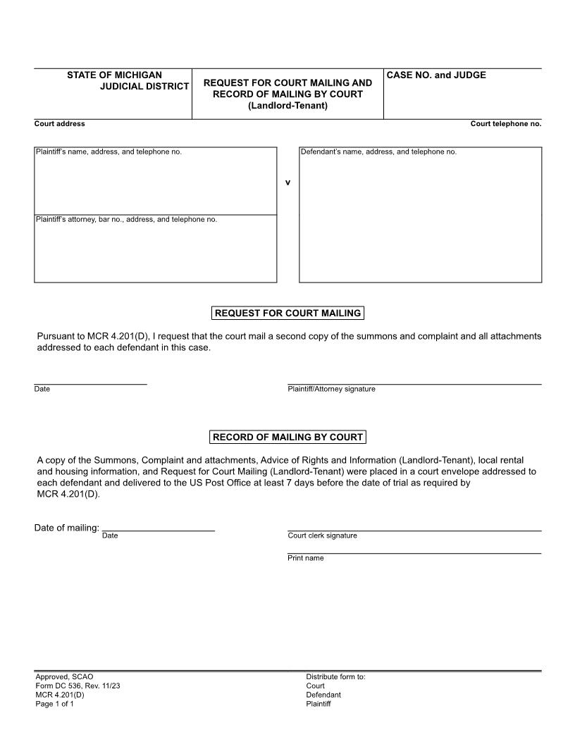 Request For Court Mailing And Record Of Mailing By Court {DC 536} | Pdf Fpdf Docx | Michigan