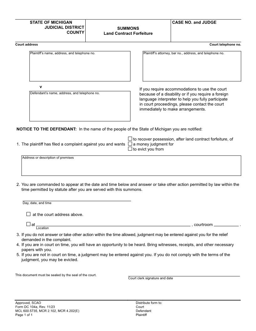 Summons Land Contract Forfeiture {DC 104a} | Pdf Fpdf Docx | Michigan