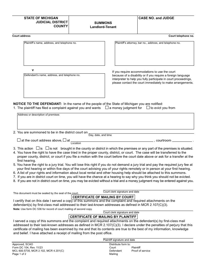 Summons Landlord Tenant {DC 104} | Pdf Fpdf Docx | Michigan