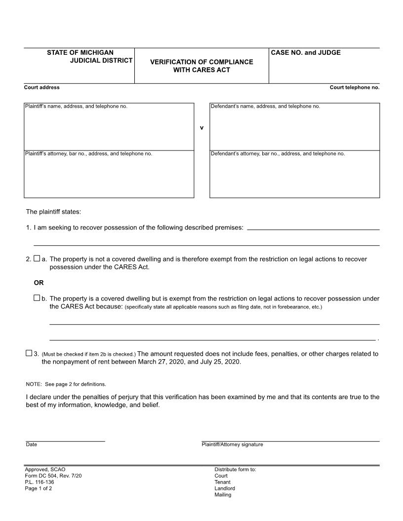 Verification Of Compliance With CARES Act {DC 504} | Pdf Fpdf Docx | Michigan