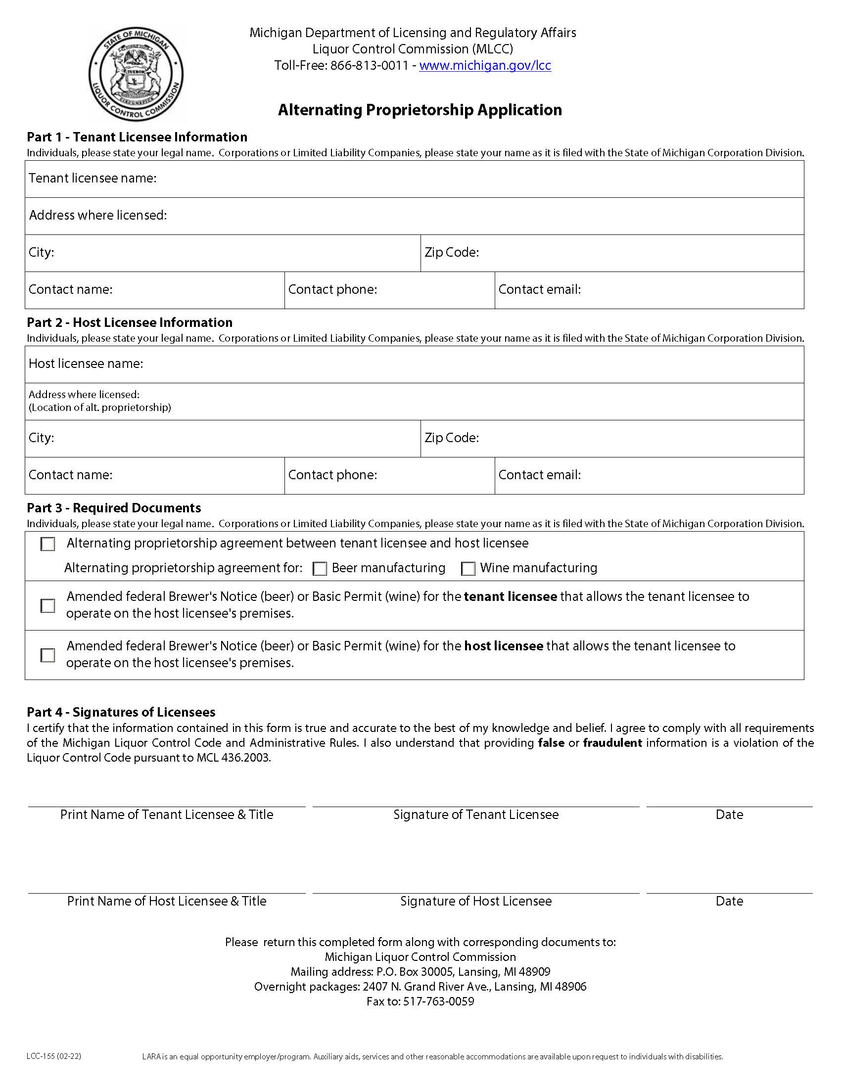 Alternating Proprietorship Application {LCC-155} | Pdf Fpdf Doc Docx | Michigan