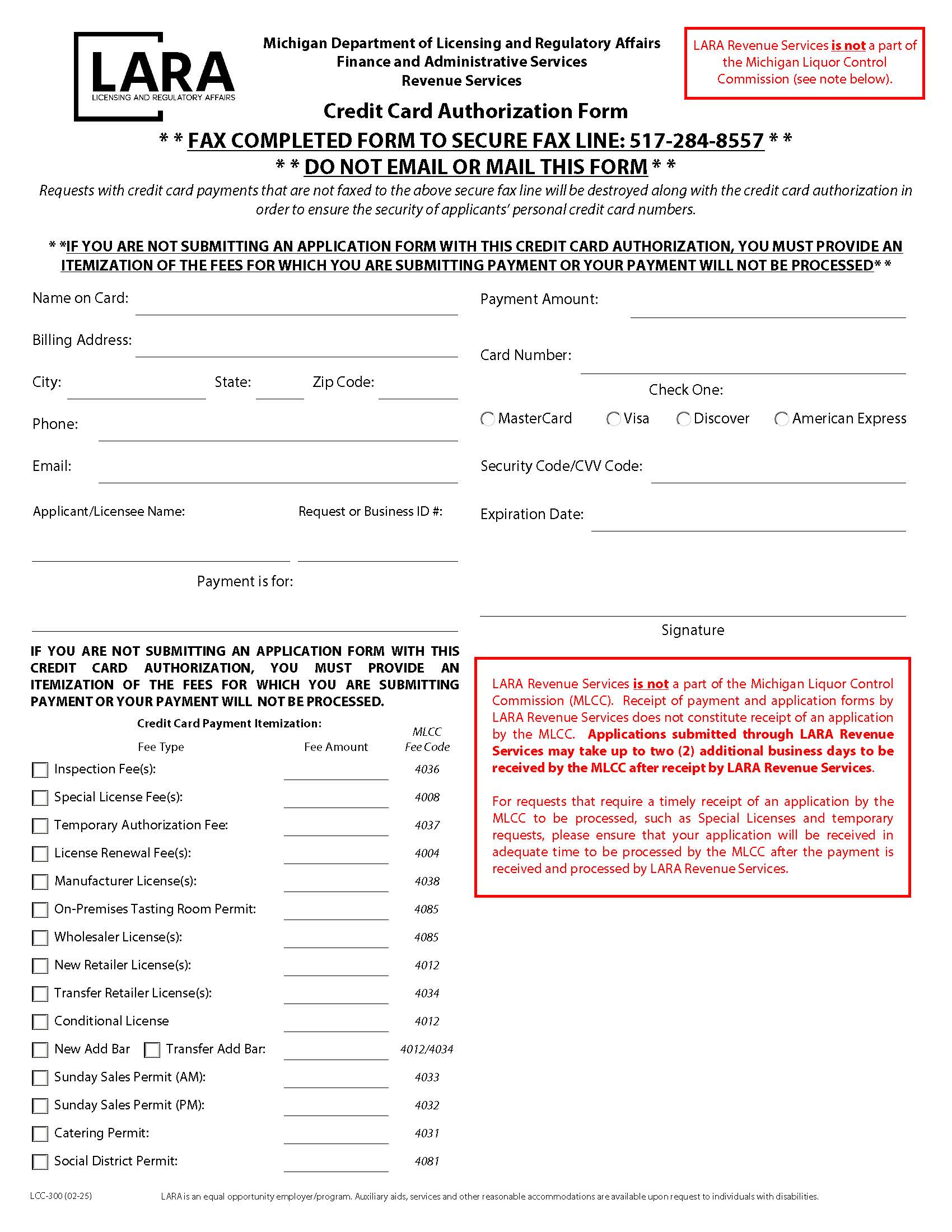 Credit Card Authorization Form {LCC-300} | Pdf Fpdf Doc Docx | Michigan