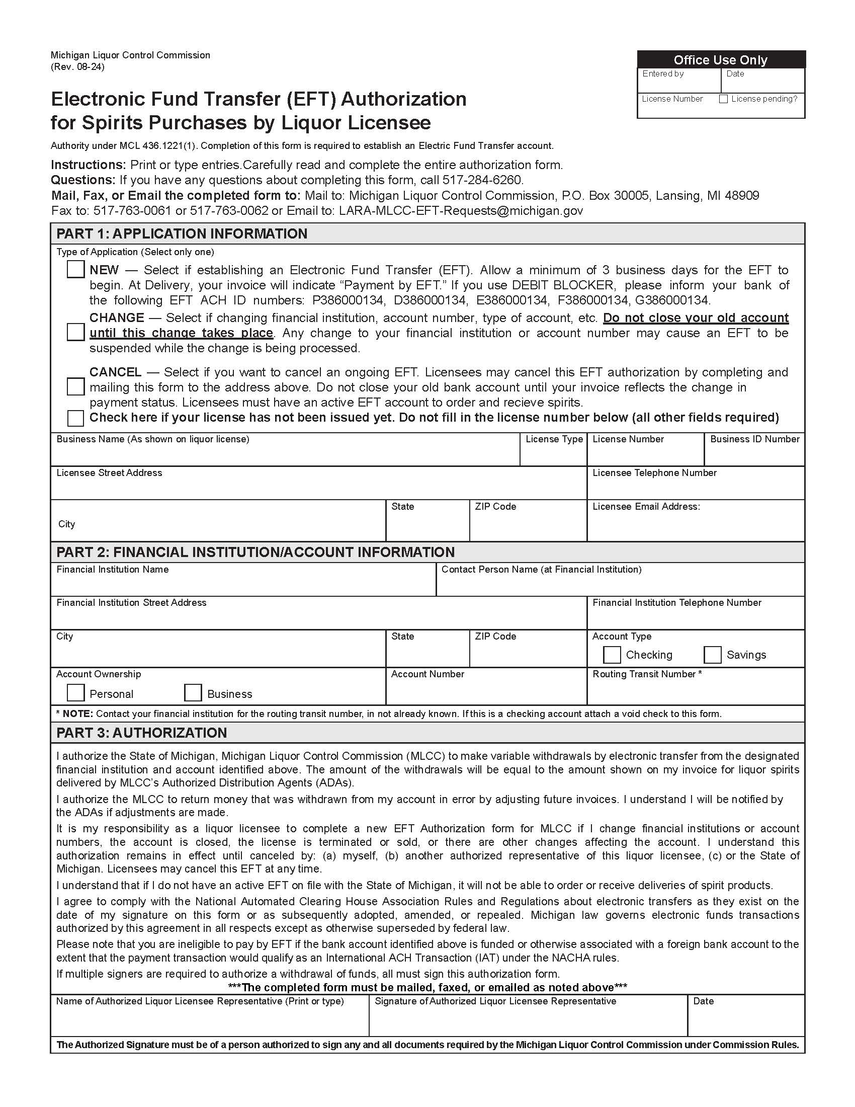 Electronic Fund Transfer (EFT) Authorization | Pdf Fpdf Docx | Michigan