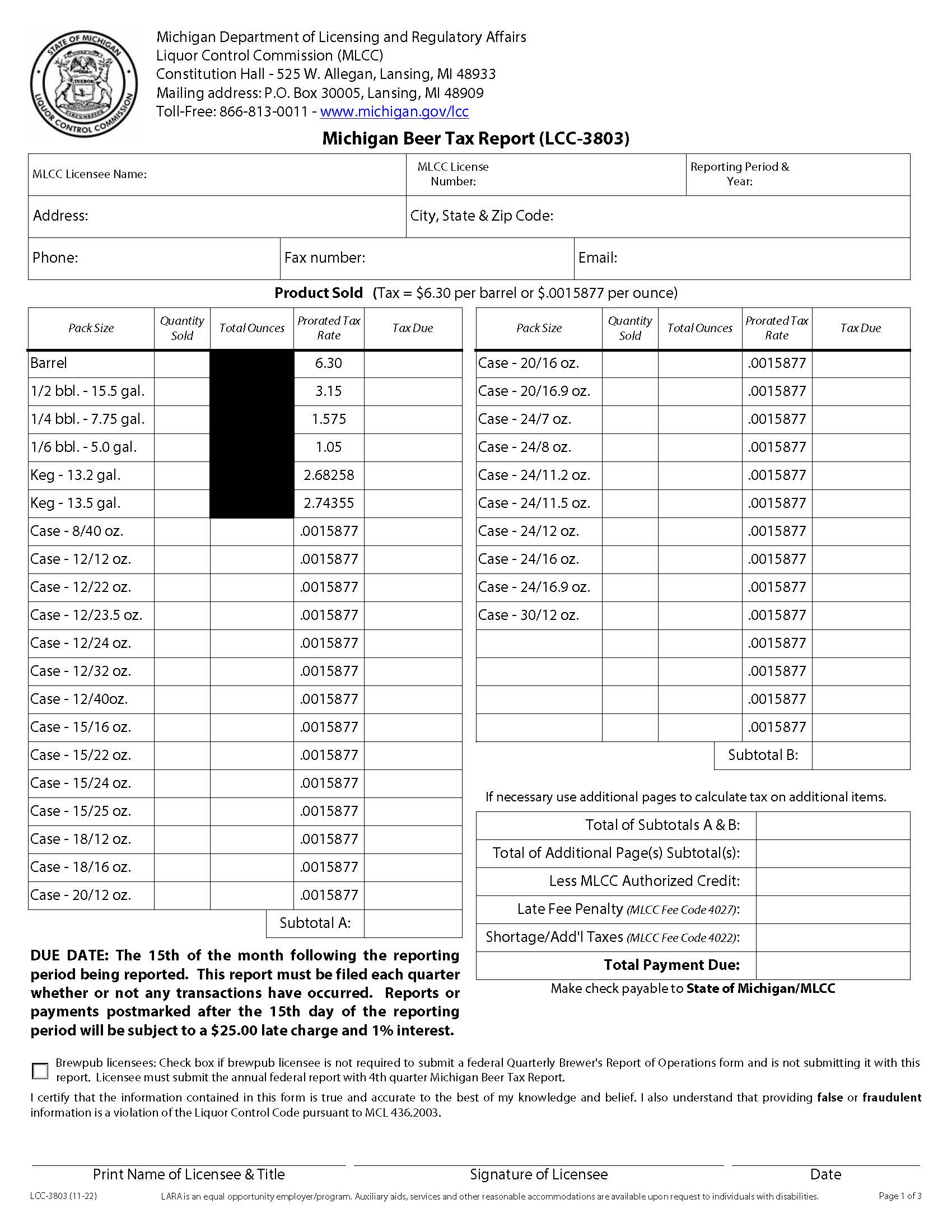 Michigan Beer Tax Report {LCC- 3803} | Pdf Fpdf Doc Docx | Michigan