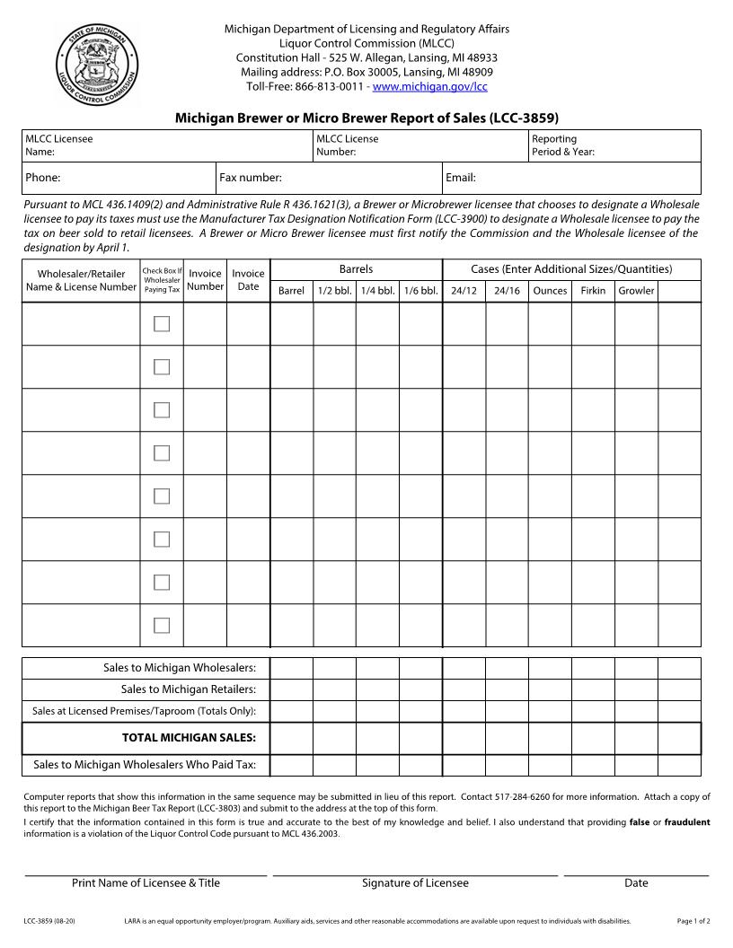 Michigan Brewery Monthly Report Of Sales {LC C-3859} | Pdf Fpdf Docx | Michigan