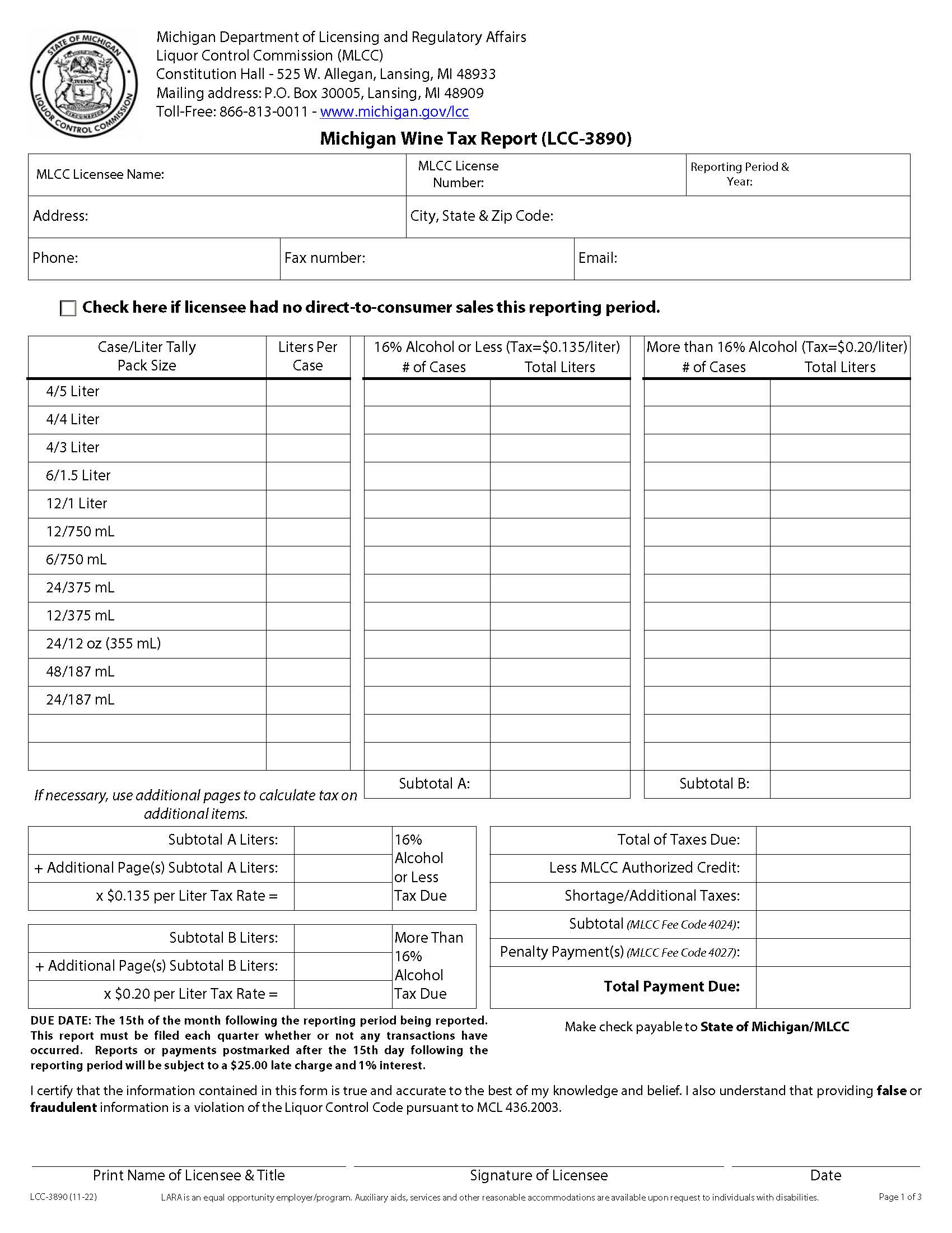 Michigan Wine Tax Report {LCC-3890} | Pdf Fpdf Docx | Michigan