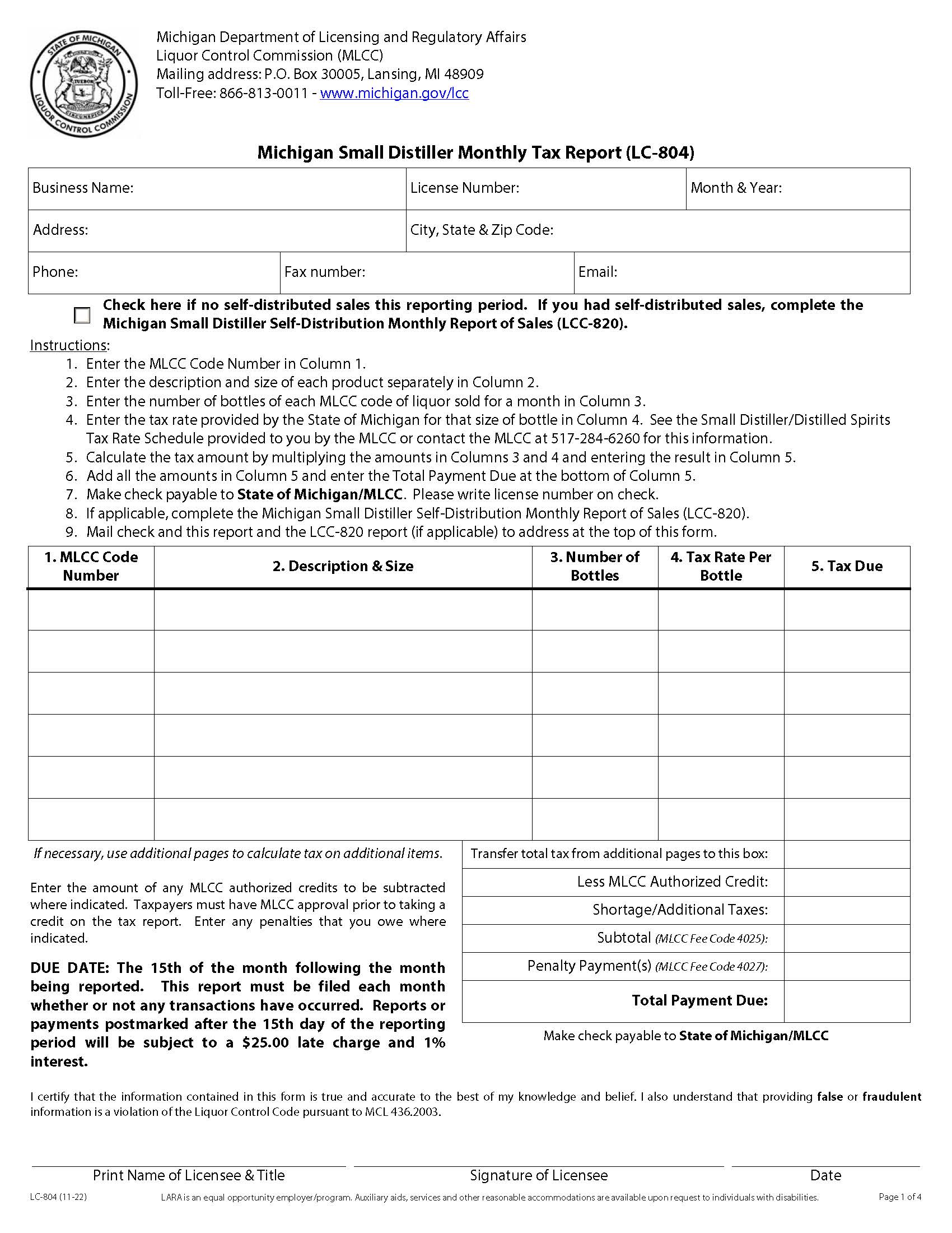 Monthly Small Distiller Brandy Tax Form {LC 804} | Pdf Fpdf Docx | Michigan