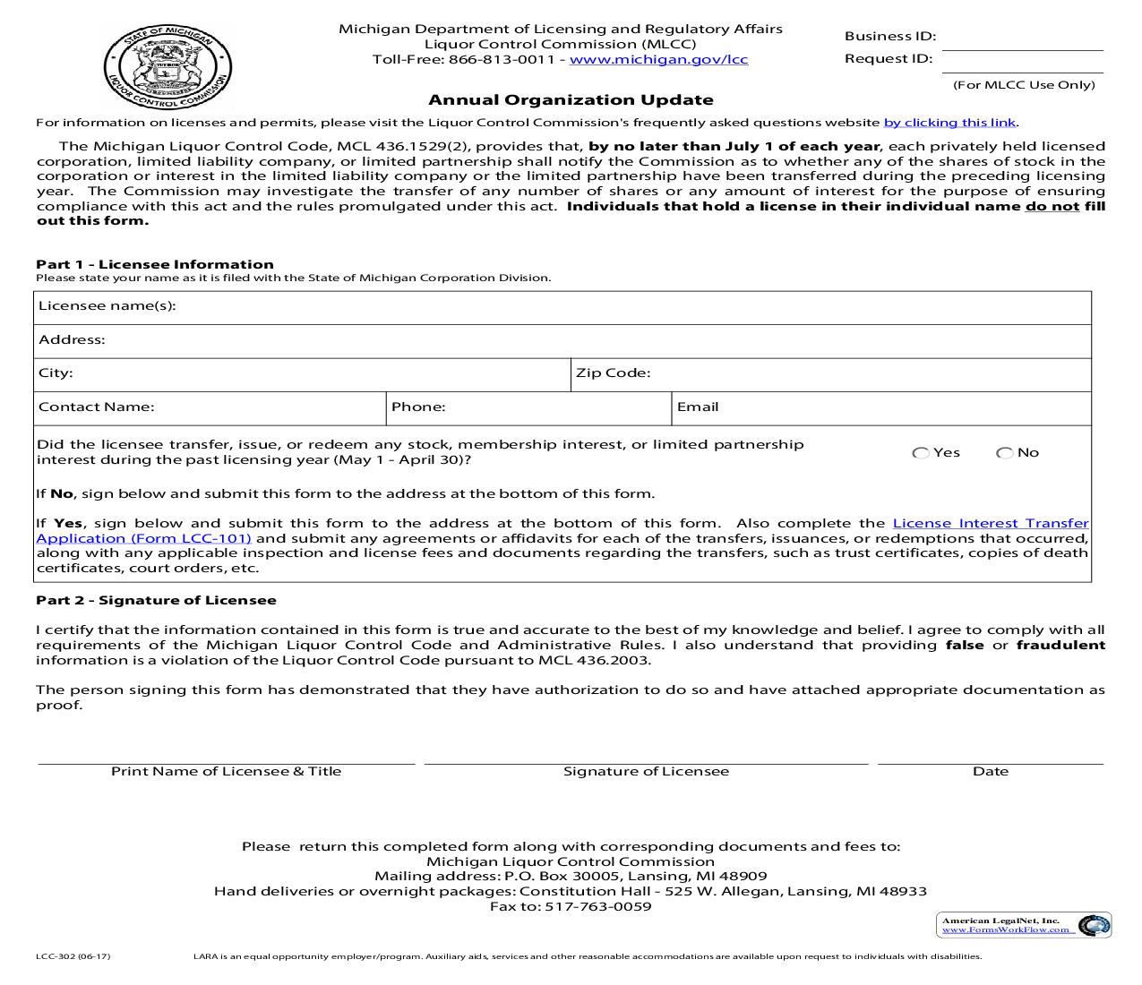 Annual Organization Update {LCC-302} | Pdf Fpdf Doc Docx | Michigan