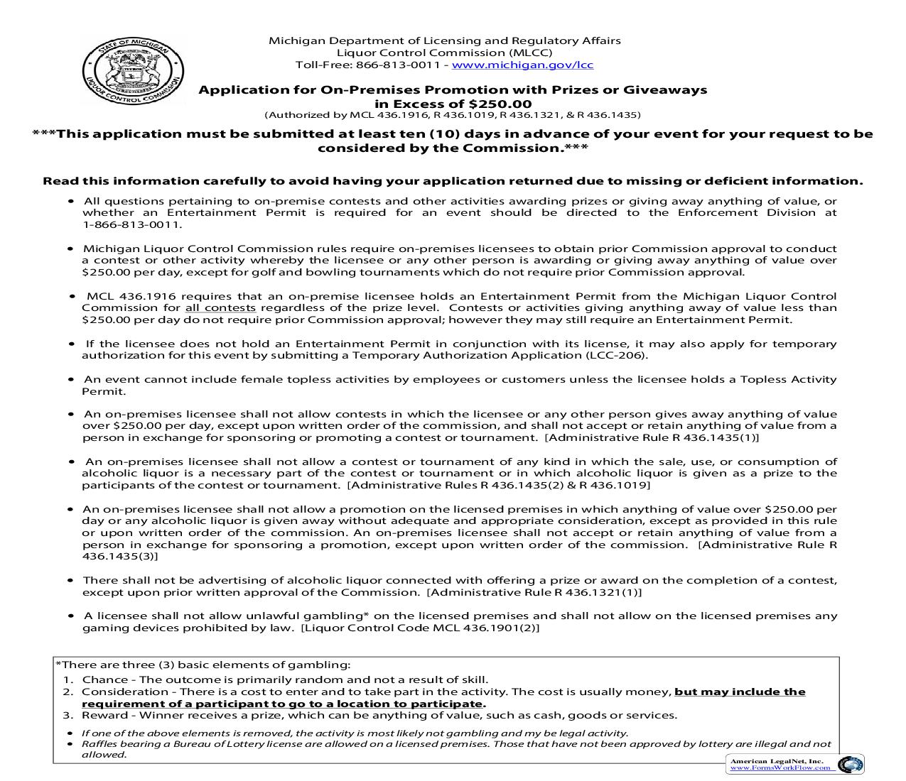 Application For On Premises Promotion With Prizes Or Giveaways {LCC-207} | Pdf Fpdf Doc Docx | Michigan