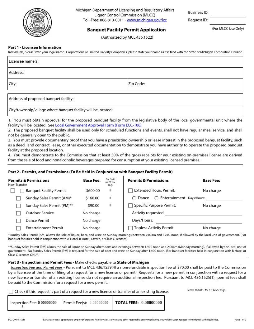 Banquet Facility Permit Application {LCC-200} | Pdf Fpdf Docx | Michigan