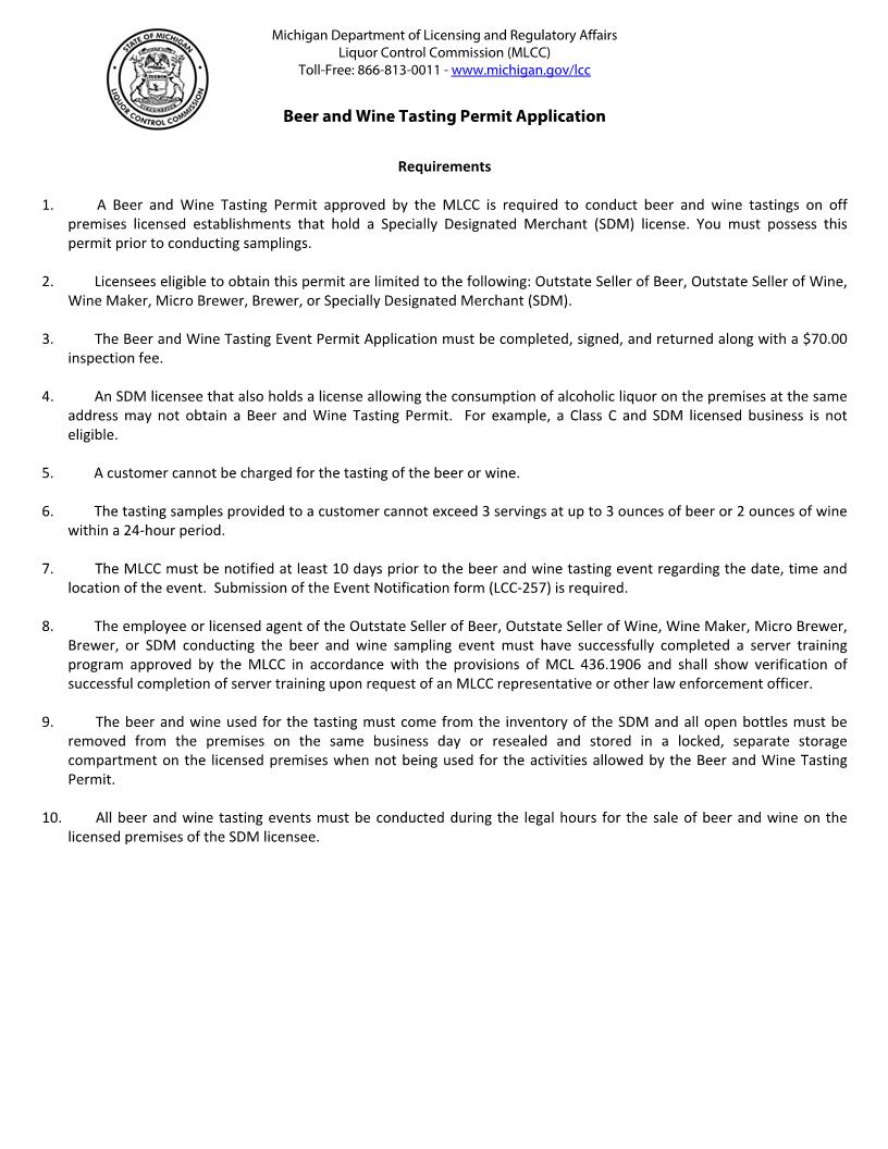 Beer And Wine Tasting Permit Application {LCC-255} | Pdf Fpdf Docx | Michigan