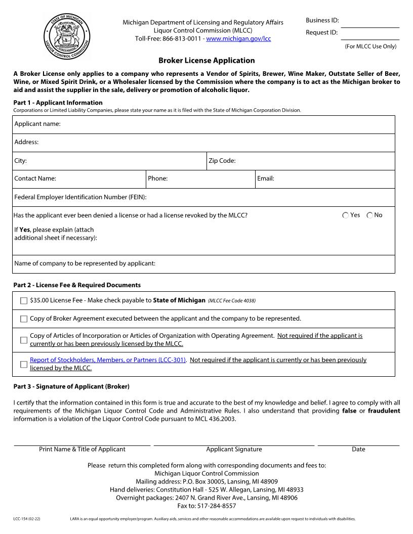 Broker License Application {LCC-154} | Pdf Fpdf Docx | Michigan