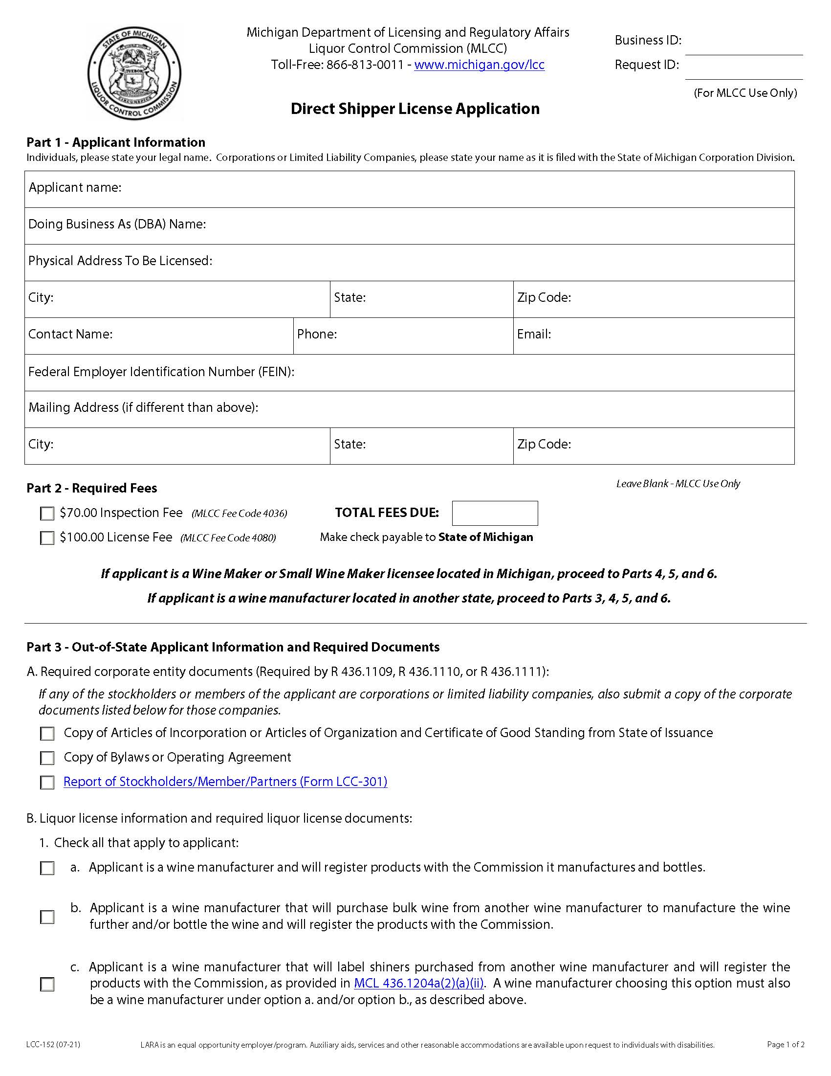 Direct Shipper Liense Application {LCC-152} | Pdf Fpdf Doc Docx | Michigan