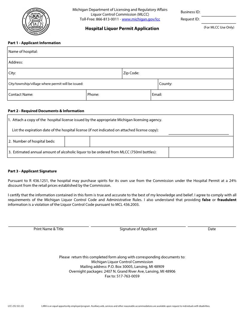 Hospital Liquor Permit Application {LCC-252} | Pdf Fpdf Doc Docx | Michigan