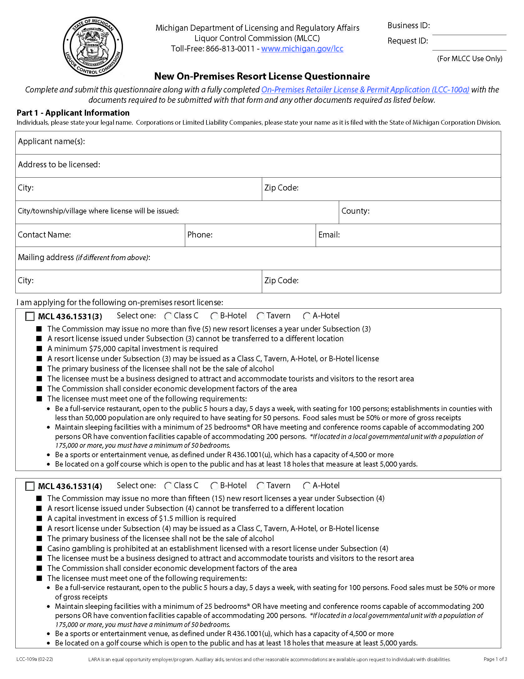 New On-Premises Resort LIcense Questionnaire {LCC-109} | Pdf Fpdf Docx | Michigan