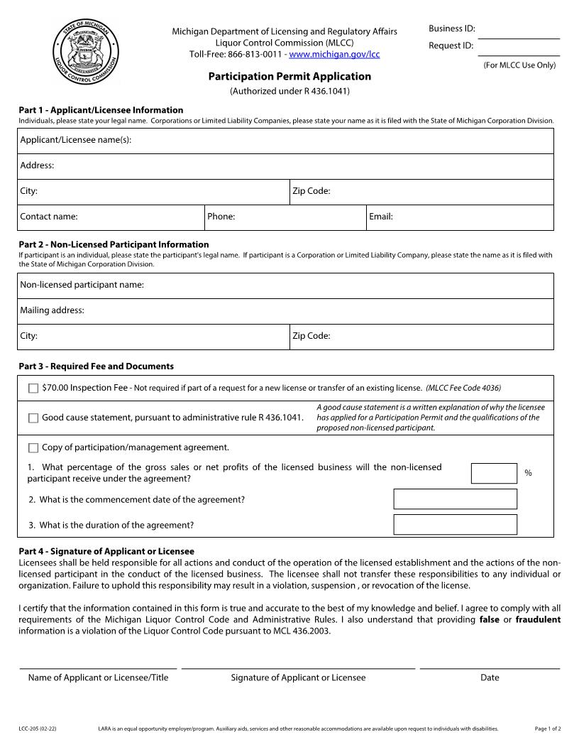 Participating Agrement Participation Permit Application {LCC-205} | Pdf Fpdf Docx | Michigan