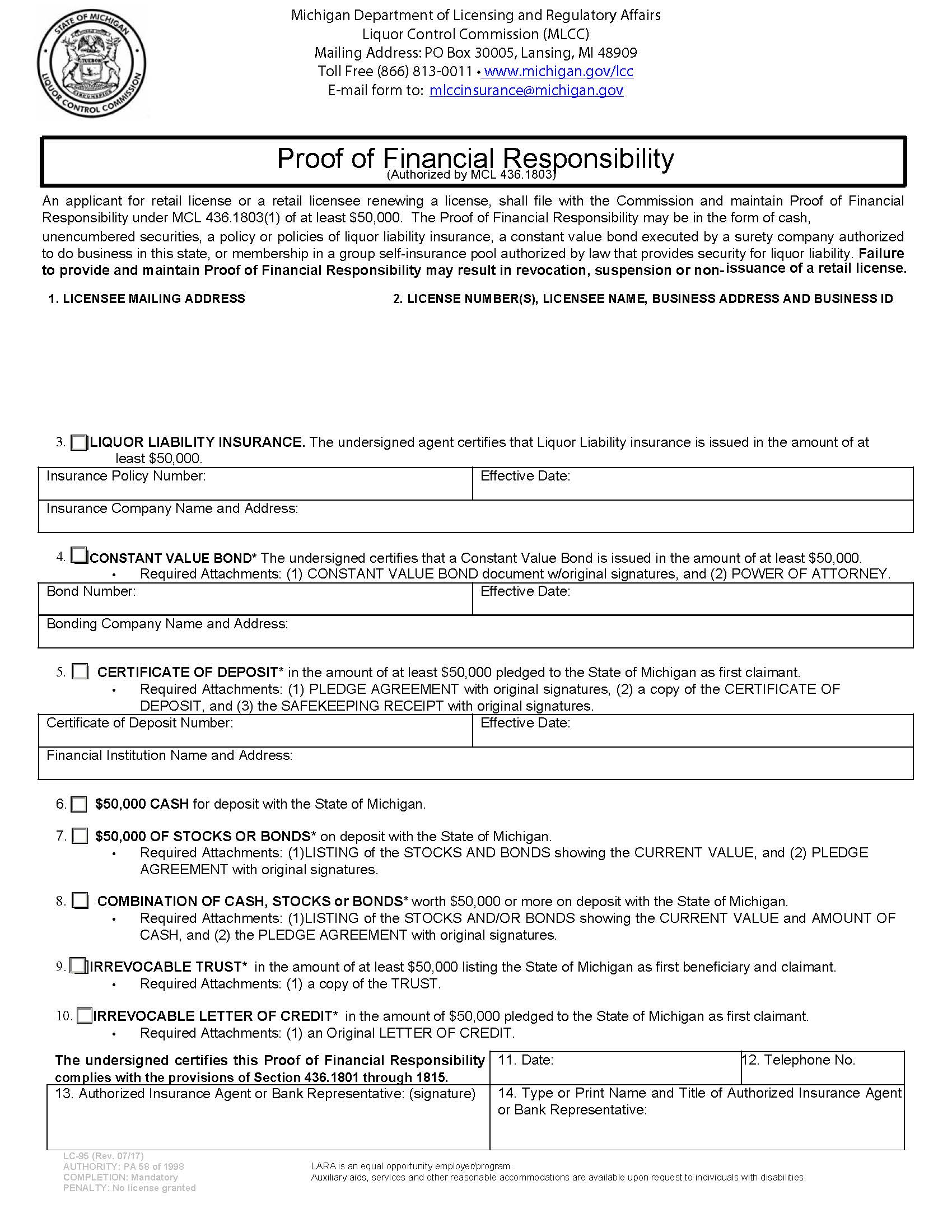Proof Of Financial Responsibility Form {LC 95} | Pdf Fpdf Doc Docx | Michigan