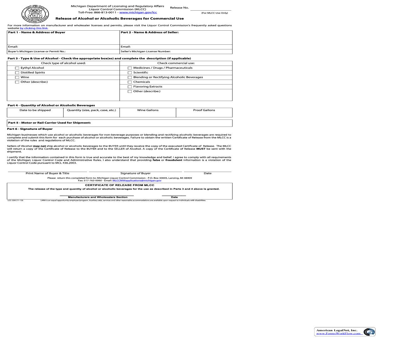Release Of Alcohol Or Alcoholic Beverages For Commercial Use {LCC-350} | Pdf Fpdf Doc Docx | Michigan