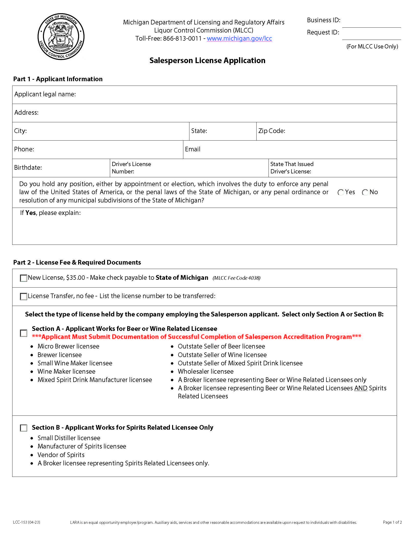 Salesperson License Application {LCC-153} | Pdf Fpdf Docx | Michigan