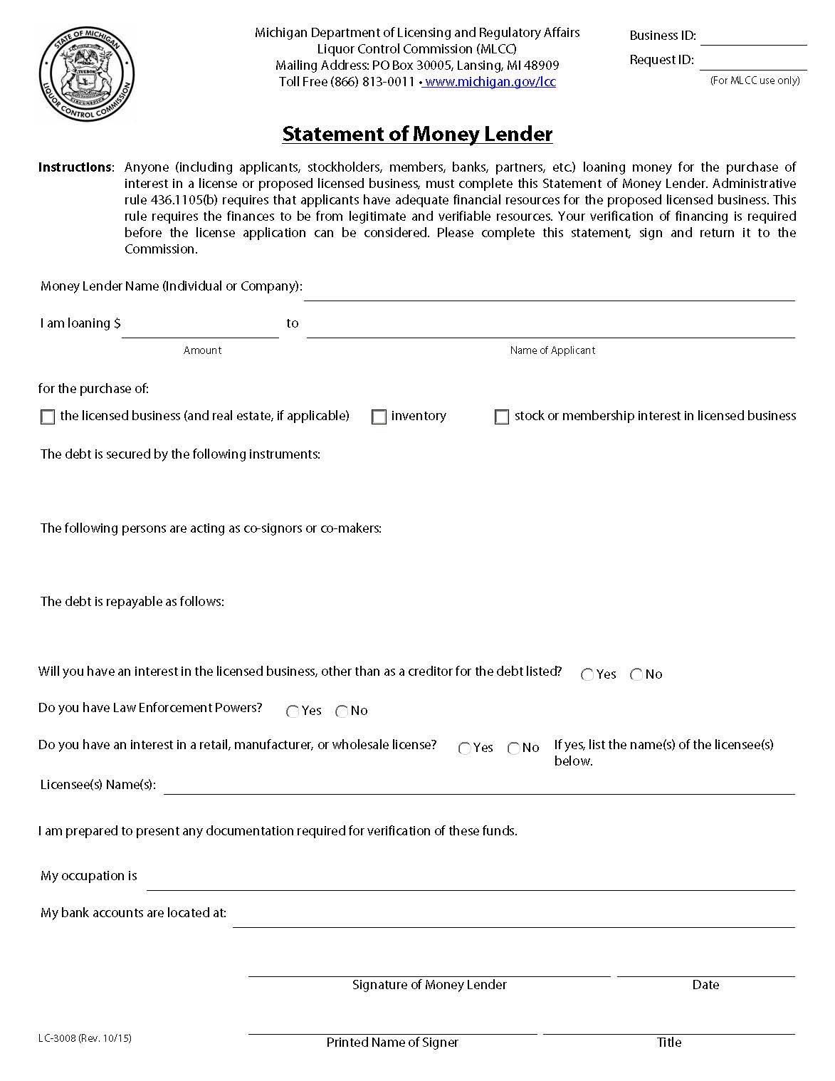 Statement Of Money Lender {LC 3008} | Pdf Fpdf Doc Docx | Michigan