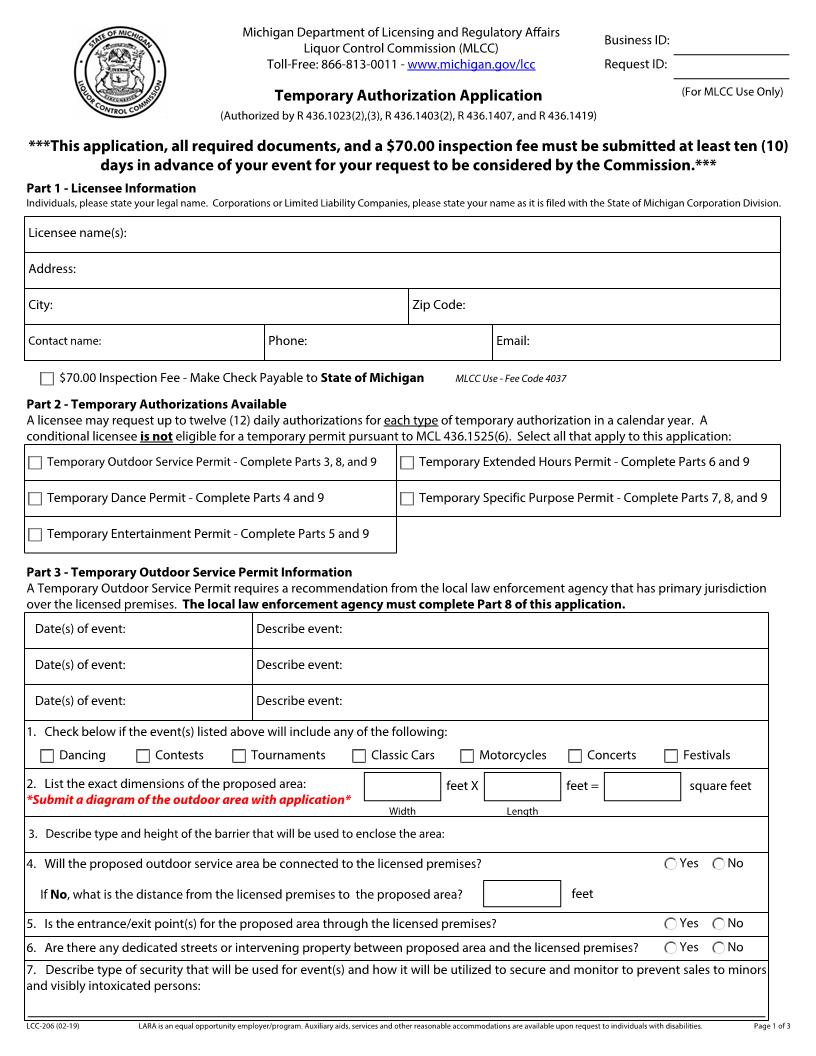 Temporary Authorization Application {LCC-206} | Pdf Fpdf Docx | Michigan