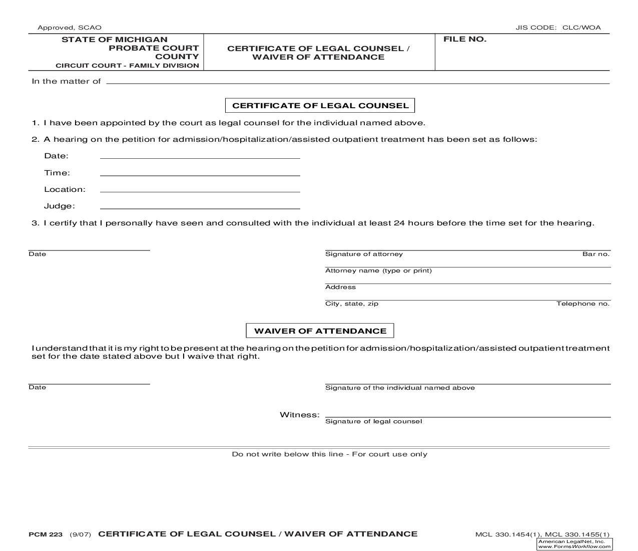 Certificate Of Legal Counsel Or Waiver Of Attendance {PCM 223} | Pdf Fpdf Doc Docx | Michigan