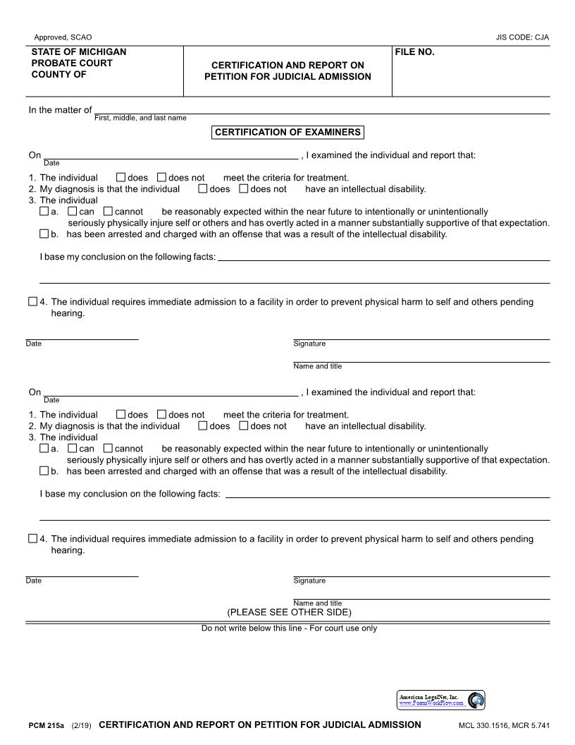 Certification And Report On Petition For Judicial Admission {PCM 215a} | Pdf Fpdf Docx | Michigan
