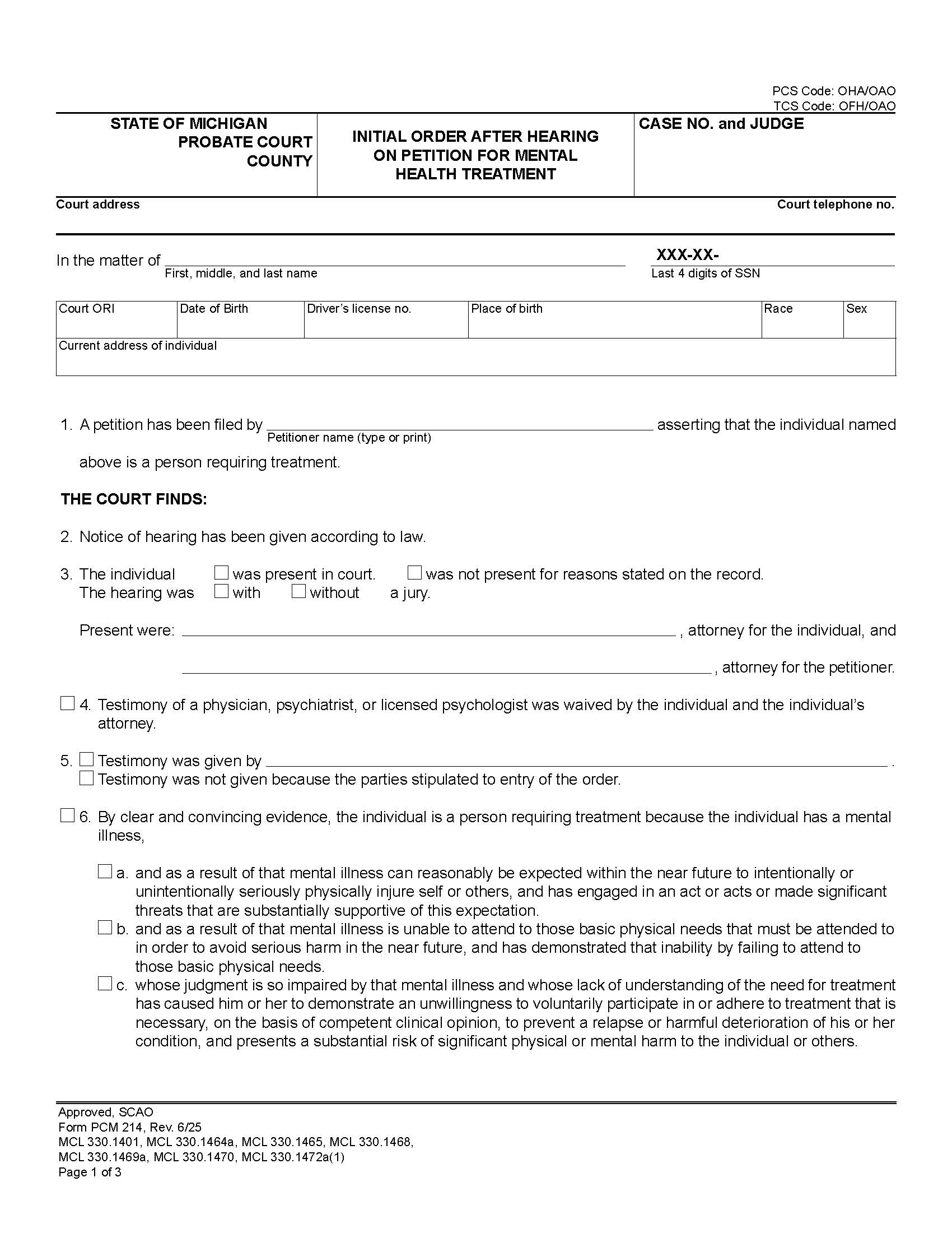 Initial Order After Hearing On Petition For Mental Health Treatment {PCM 214} | Pdf Fpdf Docx | Michigan