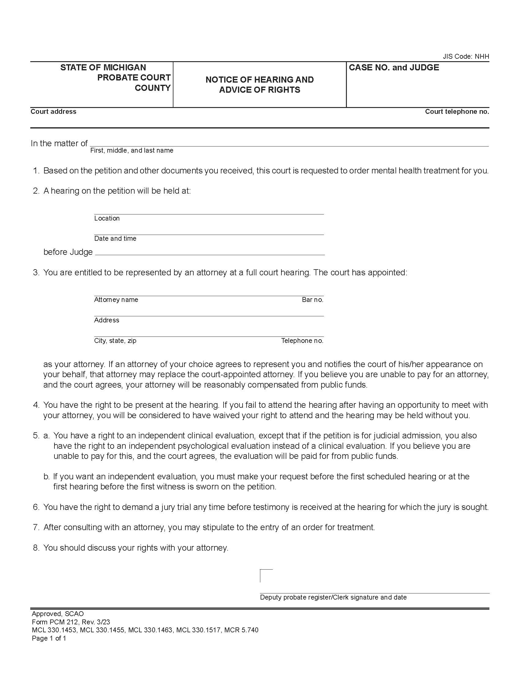 Notice Of Hearing And Advice Of Rights {PCM 212} | Pdf Fpdf Doc Docx | Michigan