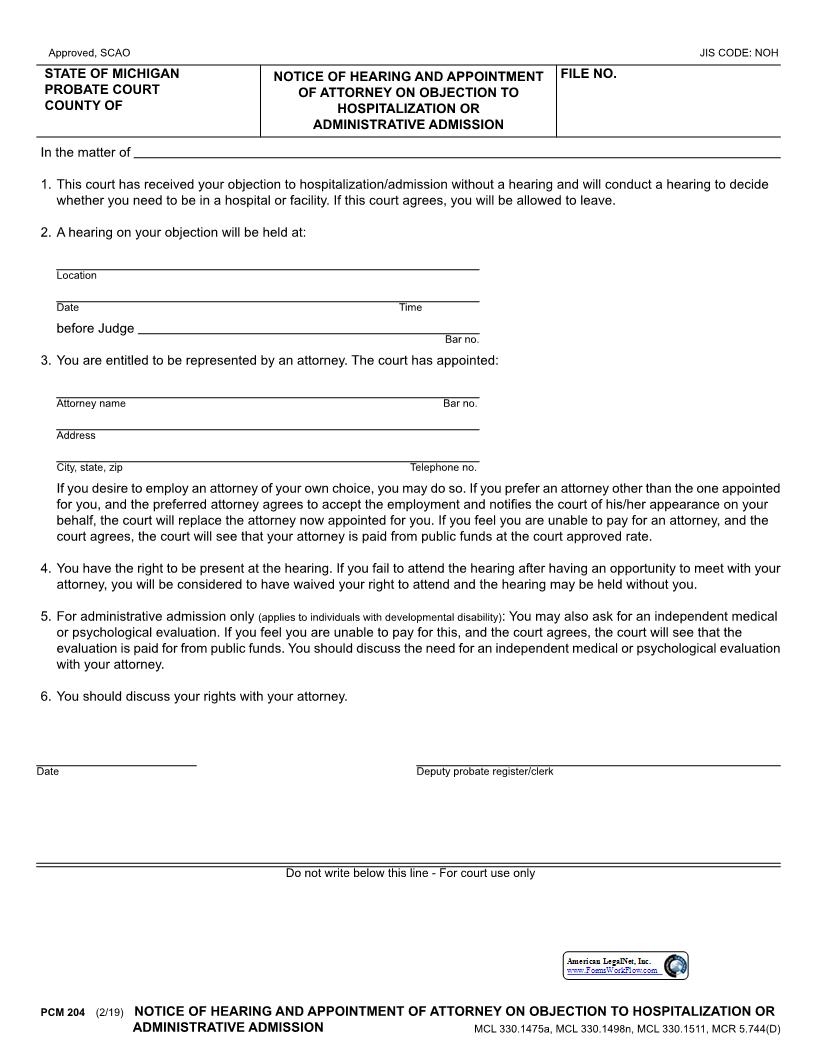 Notice Of Hearing And Appointment Of Attorney On Objection To Hospitalization {PCM 204} | Pdf Fpdf Docx | Michigan