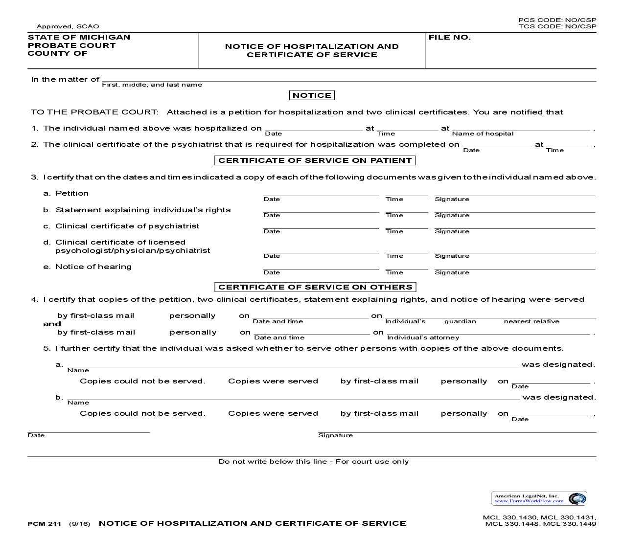 Notice Of Hospitalization And Certification Of Service {PCM 211} | Pdf Fpdf Doc Docx | Michigan