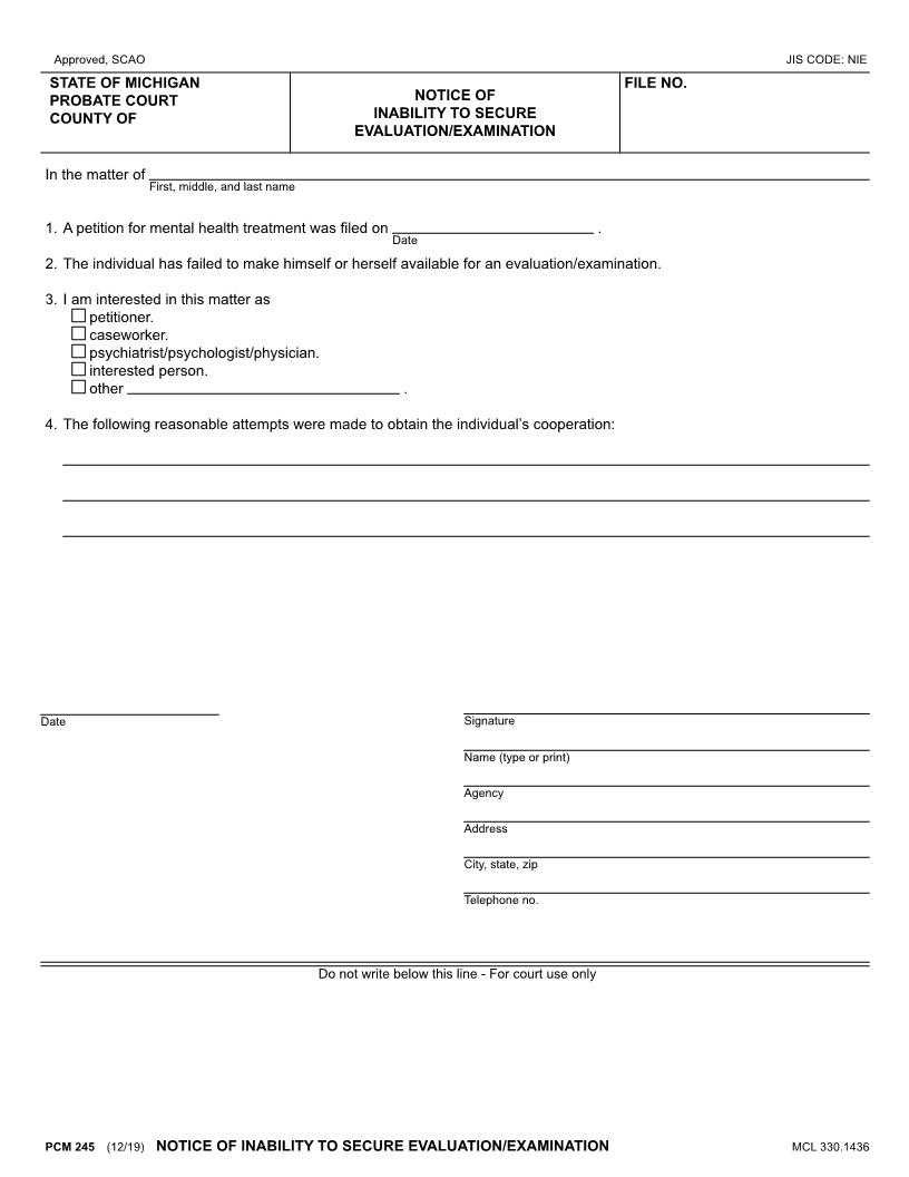 Notice Of Inability To Secure Evaluation {PCM 245} | Pdf Fpdf Docx | Michigan
