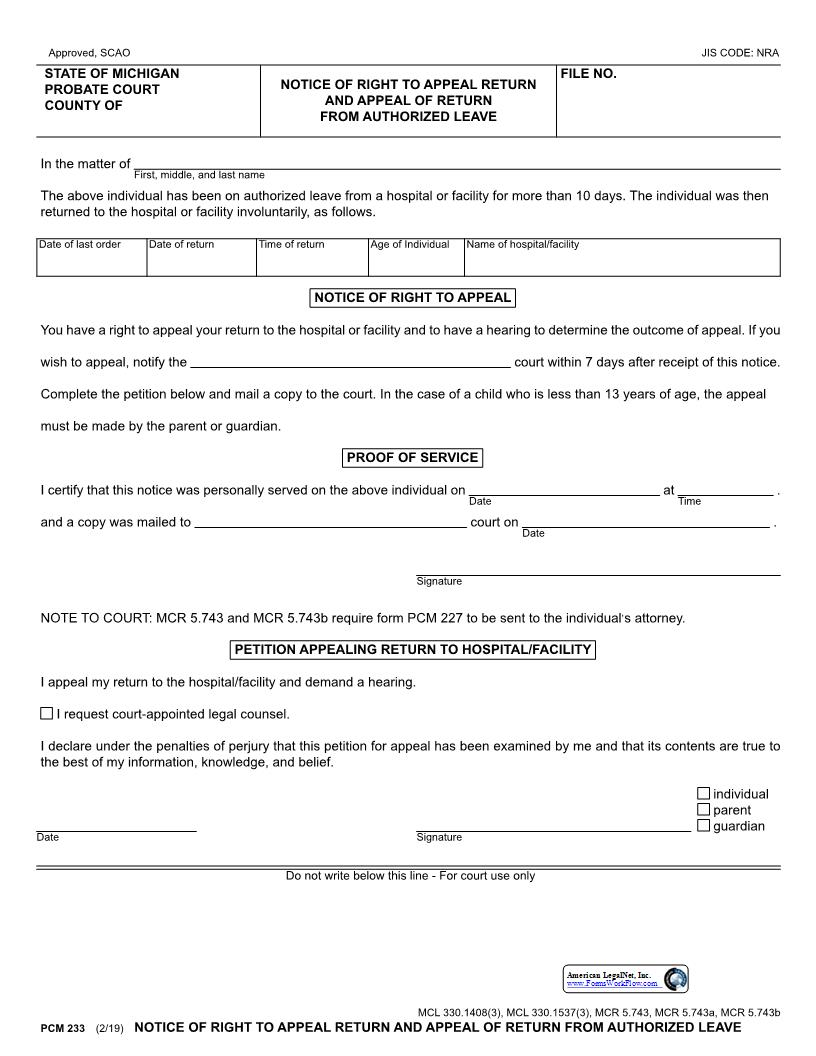 Notice Of Right To Appeal Return From Authorized Leave {PCM 233} | Pdf Fpdf Docx | Michigan