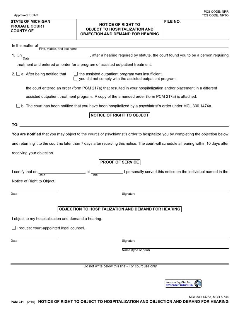 Notice Of Right To Object To Hospitalization {PCM 241} | Pdf Fpdf Docx | Michigan