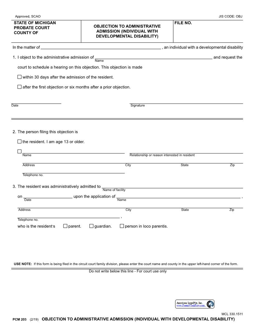 Objection To Administrative Admission Developmental Disability {PCM 203} | Pdf Fpdf Docx | Michigan