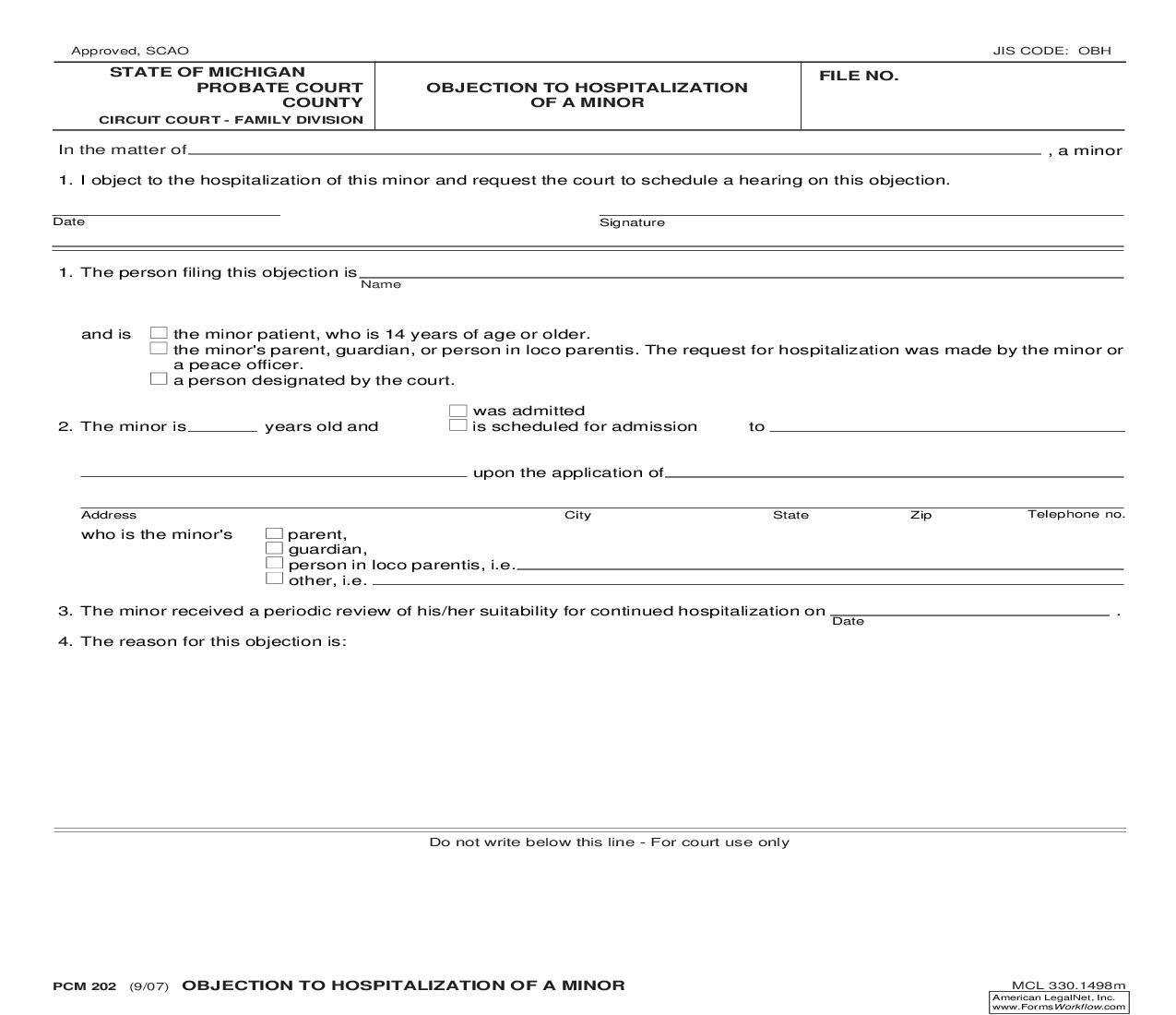 Objection To Hospitalization Of Minor {PCM 202} | Pdf Fpdf Doc Docx | Michigan
