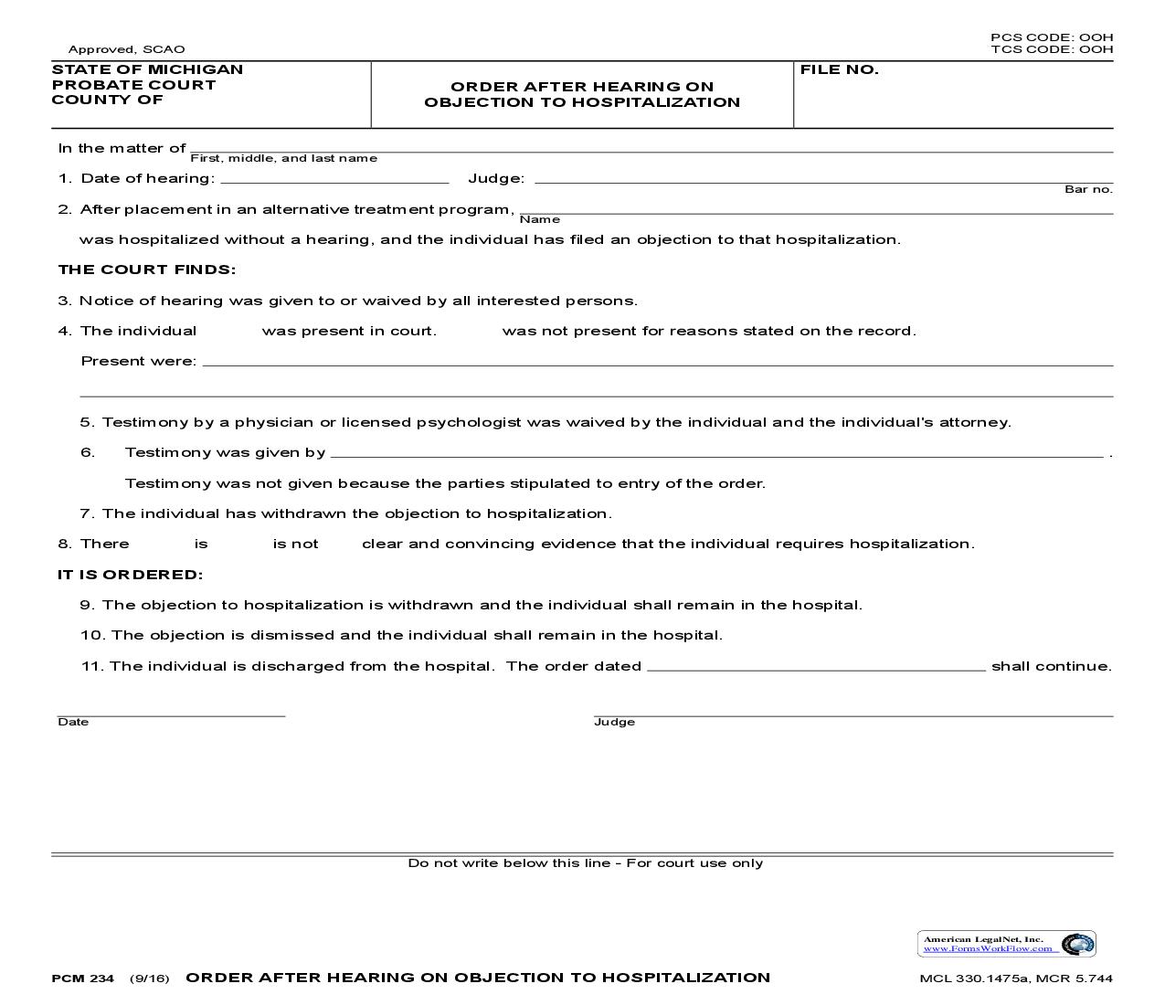Order After Hearing On Objection To Hospitalization {PCM 234} | Pdf Fpdf Doc Docx | Michigan