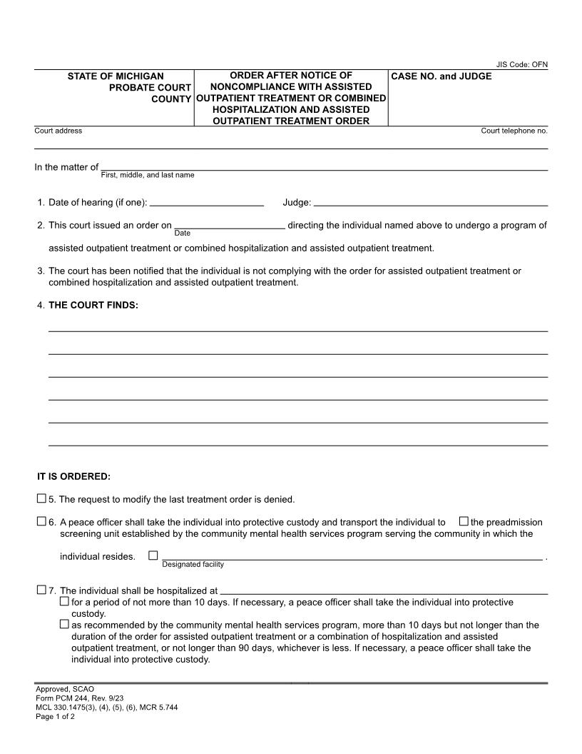 Order After Notice Of Noncompliance With Assisted Outpatient Treatment {PCM 244} | Pdf Fpdf Doc Docx | Michigan