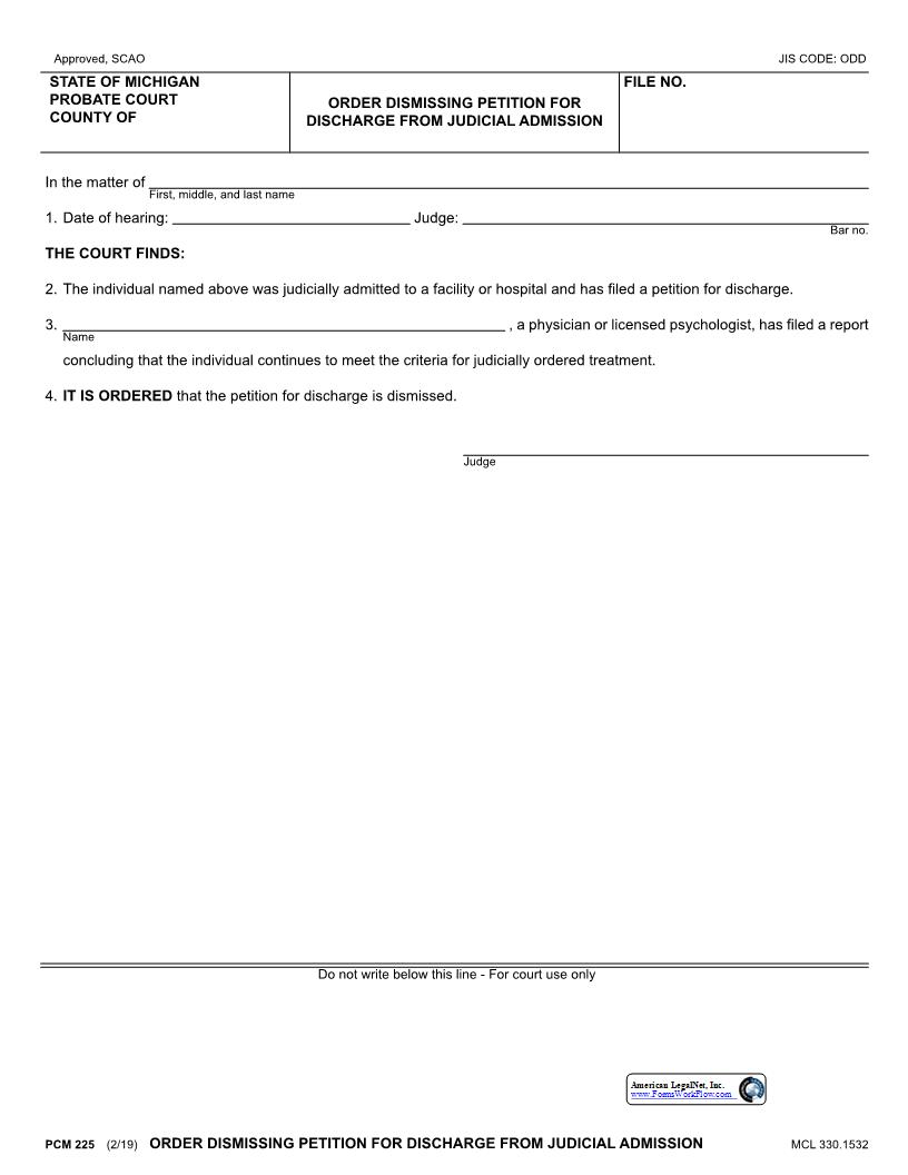 Order Dismissing Petition For Discharge From Judicial Admission {PCM 225} | Pdf Fpdf Docx | Michigan