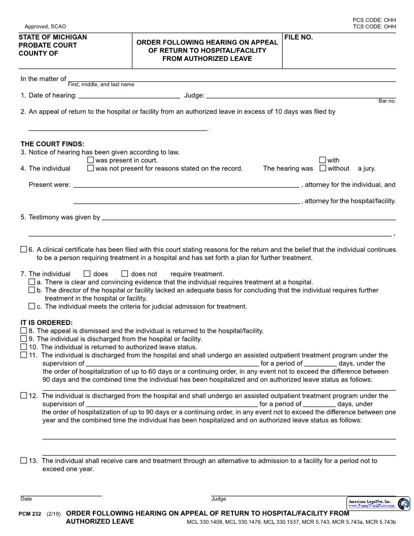 Order Following Hearing On Appeal Of Return To Hospital {PCM 232} | Pdf Fpdf Docx | Michigan
