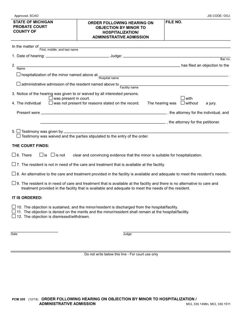 Order Following Hearing On Objection By Minor To Hospitalization {PCM 205} | Pdf Fpdf Docx | Michigan