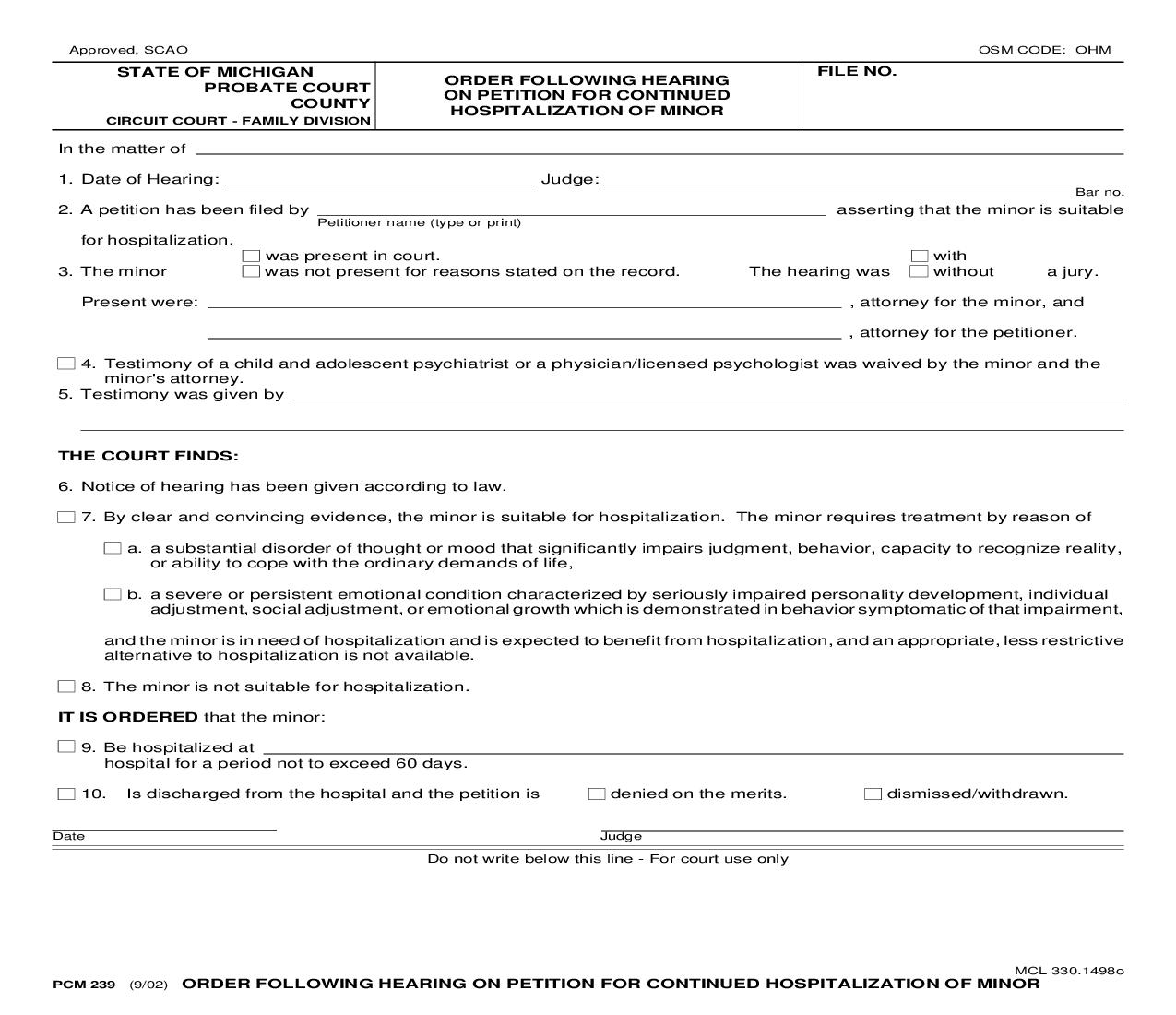 Order Following Hearing On Petition For Continued Hospitalization Of Minor {PCM 239} | Pdf Fpdf Doc Docx | Michigan