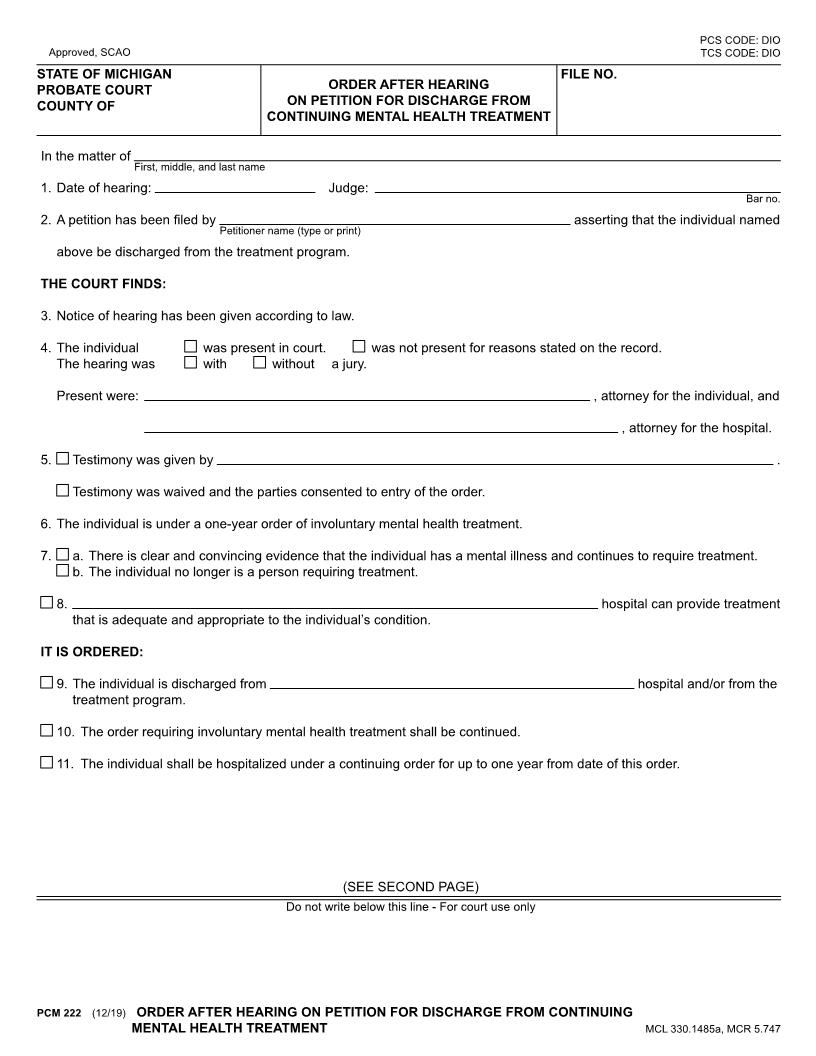 Order Following Hearing On Petition For Discharge From Treatment {PCM 222} | Pdf Fpdf Docx | Michigan